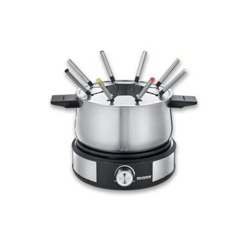 Severin Fondue 2-in-1 Crepe Pan, Includes 8 Fondue Forks, Crepe Spatula and Dough Splitter, Stainless Steel/Black, FO 2471