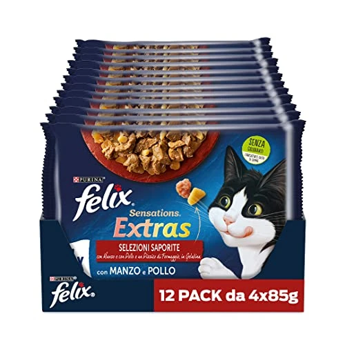 Purina Felix Sensations Extras Wet Cat Food with Beef and a Pinch of Cheese and Chicken and a Pinch of Bacon, 48 Bags of 85 g Each