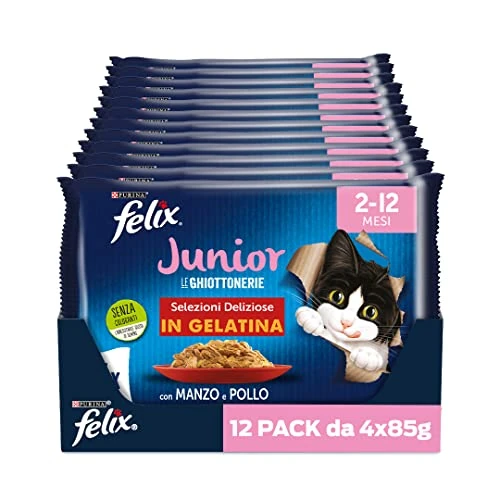 Felix Purina Le Ghiottonerie Wet Food for Junior Cats with Beef and Chicken, 48 x 85 g Bags