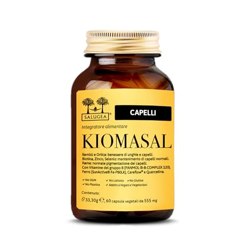 Kiomasal Salugea - Integratore Naturale per Capelli con Vitamine del Gruppo B, Ferro, Oligoelementi e Amminoacidi - Flacone in Vetro - 60 Capsule Vegetali