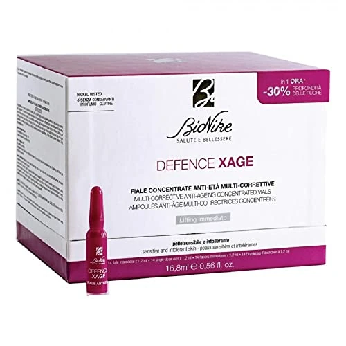 Bionike Defence Xage - Fiale Viso Concentrate Anti-età Multi-correttive, per Pelli Sensibili e Intolleranti, Azione Rimpolpante per Attenuare le Rughe, Donano Tonicità e Luminosità, 14 Fiale