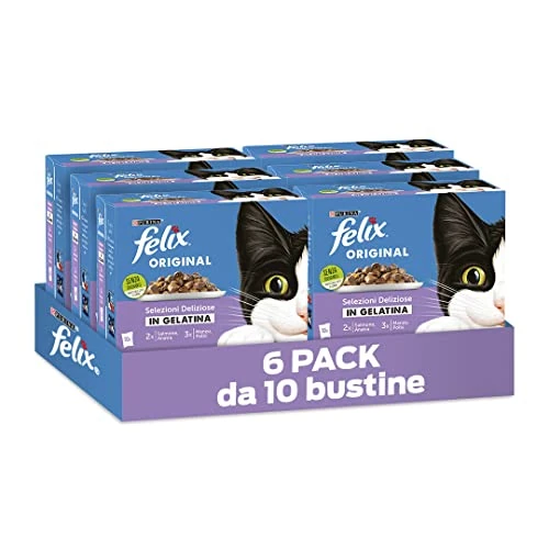 FELIX Oryginalna mokra karma dla dorosłych kotów galaretki z wołowiną i kurczakiem, kaczką i łososiem, 60 torebek po 85 g