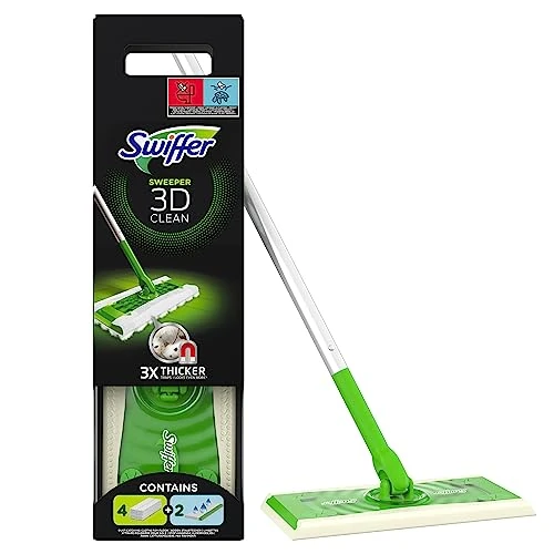 Swiffer Zestaw startowy do czyszczenia kurzu 3D (1 miotła + 4 suche chusteczki + 2 chusteczki na mokro), łapie i zatrzymuje kurz nawet w pęknięciach, do sierści zwierząt domowych