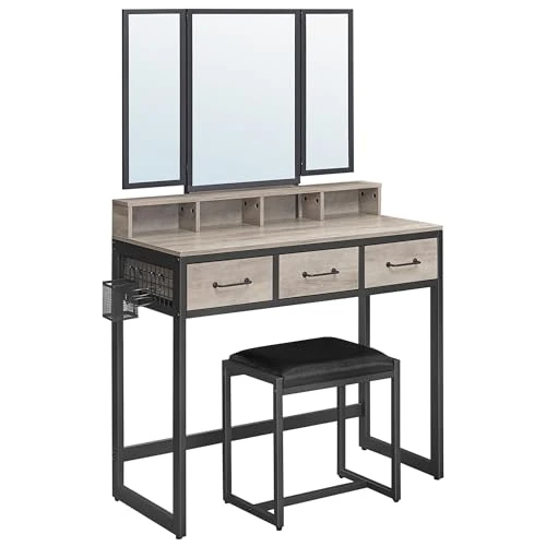 Offerta a tempo: VASAGLE Tavolo da toilette con specchio pieghevole in 3 pezzi, supporto per asciugacapelli, tavolo cosmetico con sgabello imbottito, 3 cassetti, design industriale, Greige e nero RVT004B02 - 24% da 119.99 € a 91.49 €