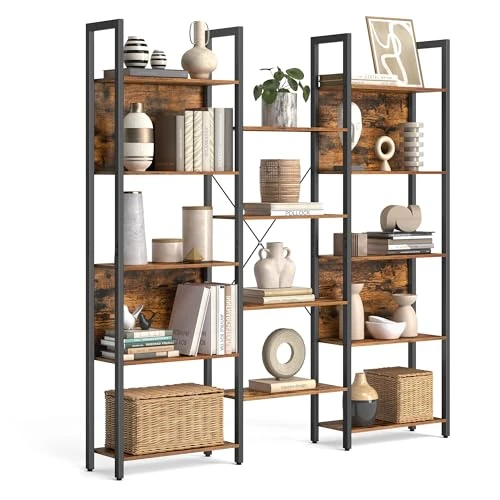 VASAGLE Libreria, Scaffale Portaoggetti, con 14 Ripiani, Struttura in Metallo, Soggiorno Studio Ufficio, Stile Industriale, 24 x 158 x 166 cm, Marrone Vintage e Nero Inchiostro LLS107B01