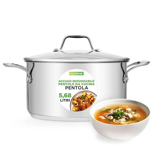 Offerta a tempo: NutriChef Pentola in Acciaio Inox da 6 Litri, Grado Alimentare 18/8, Adatta per Induzione, con Coperchio Trasparente, Lavabile in Lavastoviglie, Pentola per Stufati e Zuppe - 38% da 53.33 € a 32.90 €