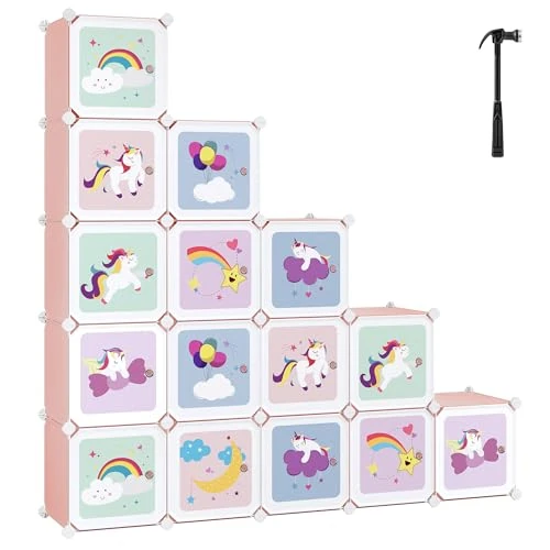 Oferta limitowana: SONGMICS LPC906P01 System regałowy z 16 kostkami, szafa do przechowywania dla dzieci, szafa na ubrania i buty z drzwiami, z tworzywa sztucznego, regał wtykowy, uniwersalny, 123 x 31 x 123 cm, różowy z 282.99 zł na 282.99 zł (oszczędź 0.