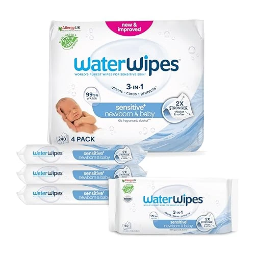 Offerta a tempo: WaterWipes Sensitive+ Newborn & Baby Wipes, Salviettine per Neonati e Bambini, 240 Pezzi (4 Confezioni), Deterge, Cura, Protegge, 99,9% Acqua, Senza Profumo - 4% da 15.49 € a 14.80 €