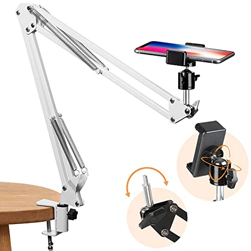 Limited offer: TARION Overhead Tripod Mount Articulating Arm Phone Holder Video Webcam Stand Lazy Arm Clamp Table Desktop Suspension Scissor Arm Stand (White) from 19.00 EUR to 16.15 EUR (save 15%)