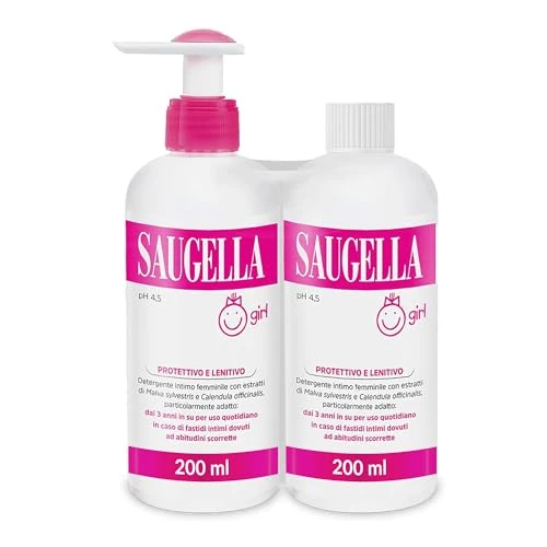 Saugella Girl Gentle Intimate Cleanser pH 4.5 with Mallow and Calendula Extracts Suitable from 3 Years to Puberty, Against Itching and Burning, Two Packs of 200 ml