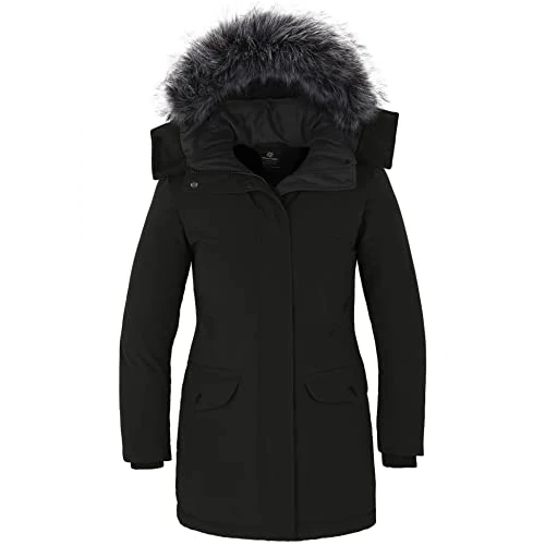 Wantdo Damska ciepła kurtka zimowa outdoorowa wiatroszczelna bawełniana wyściełana płaszcz pogrubiona parka puchowa ze zdejmowanym futrem obszytym kapturem, Czarny, S