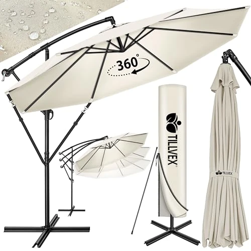 tillvex Aluminiowy parasol przeciwsłoneczny + osłona Ø 300 cm z korbą | parasol przeciwsłoneczny ze stojakiem i ochroną przed wiatrem | parasol ogrodowy, ochrona przed promieniowaniem UV, aluminium,
