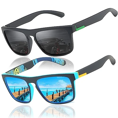 Leding&Best Sunglasses for Men and Women, Polarised for Cycling, Golf, Driving, Fishing, Climbing, Vintage Glasses for Outdoor Sports, Beach Sunglasses, A/2 pack/black (non-mirrored)/blue mirrored,