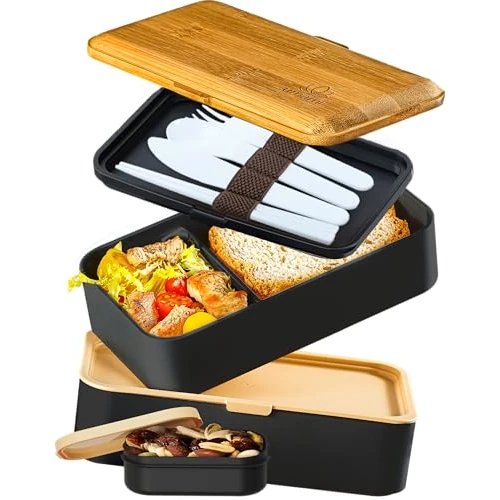 Umami Porta Pranzo 1,2L, Lunch Box Ermetico con 4 Scomparti e Posate, Sicuro per Microonde, Portapranzo Ufficio, Bento Lunchbox Prova di Perdite per Adulti, Schiscetta Pranzo, Nero E Marrone, 1200 ml