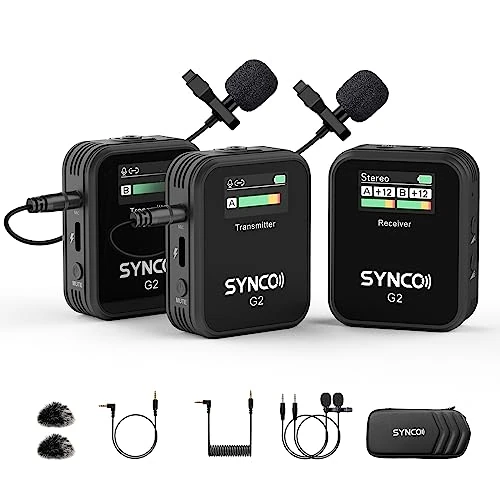 SYNCO Microfono Lavalier Senza Fili, G2 (A2) Sistema Microfonico Lavalier 2.4G con Display TFT per Smartphone Fotocamera DSLR Youtube Live Streaming Vlogging