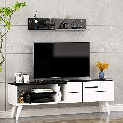 Nora - Soporte para TV con estante de pared (mármol blanco/negro)