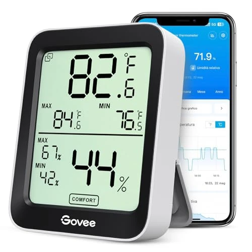 Offerta a tempo: Govee Termometro Igrometro, accurato Misuratore Interna con Intelligenti avvisi App e Dati conservazioni sensore di monitoraggio - 38.91% da 17.09 € a 10.44 €