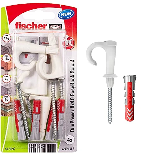 Fischer EasyHook Round 8, set da 4 Ganci Tondi e 4 Tasselli DuoPower 8 x 40 mm, Montaggio Facile e Veloce Senza uso di Pinze su Muro, Cartongesso, Mattoni Forati, Cemento, Legno, Soffitto, 557924