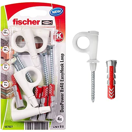 fischer EasyHook Loop K (4), zestaw 4 śrub z oczkami i kołków DuoPower 8 x 40, śruby do płyt wiórowych z haczykami, elastyczne haki śrubowe do montażu w wielu materiałach budowlanych