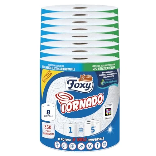 Foxy Tornado | Trockner | 8 Rollen | 250 Blatt pro Rolle | 3-lagige Universalrolle | Papier 100% FSC® zertifiziert | Verpackung 100% recyclebar