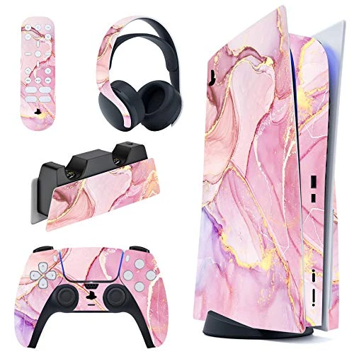 PlayVital Cosmic Pink Gold Marble Effect Full Set Skin Decal for ps5 Console Disc Edition,Sticker Vinyl Decal for ps5 Controller & Charging Station & Headset & Media Remote