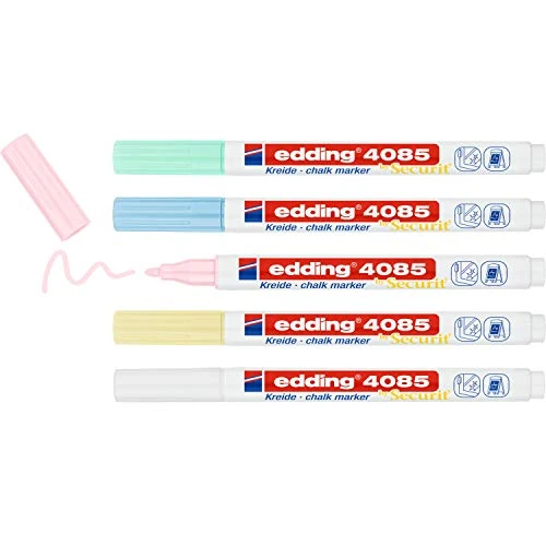 Limited-time offer: edding 4085 krijtmarker - geel, groen, roze, blauw, wit (pastel) - 5 krijtstiften - ronde punt 1-2 mm - krijtstift voor borden, uitwisbaar, ruiten, glas, spiegels - bordstift met dekkende kleuren from $22.27 to $6.34 (save 71.53%)