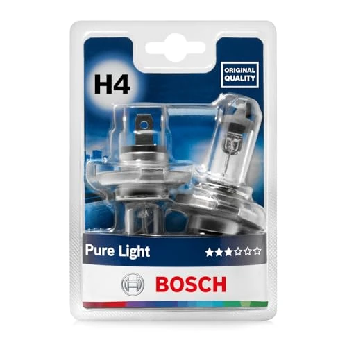 Bosch H4 Pure Light, Lámparas Halógenas para Faros Delanteros, 12 V 60/55 W, Calidad Original - Casquillo Tipo P43t - Recambio de Luces para Coche, Paquete de 2 Lámparas