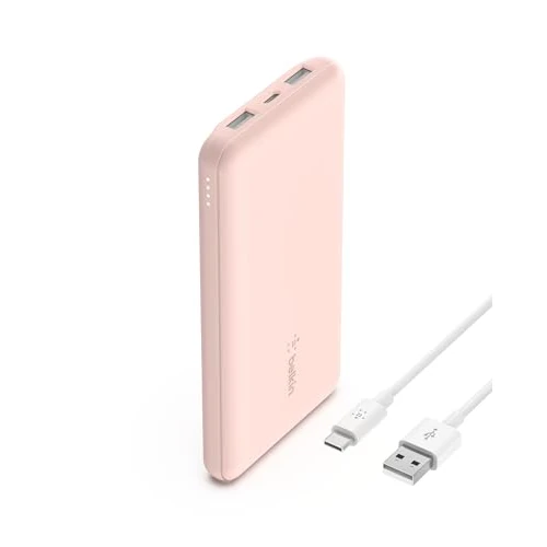 Belkin BoostCharge Przenośny powerbank USB-C 10K z 1 portem USB-C, 2 portami USB-A i kablem USB-A – USB-C, do urządzeń iPhone 15, 15 Plus, 15 Pro, 15 Pro Max, Samsung Galaxy S24, innych, różowe złoto