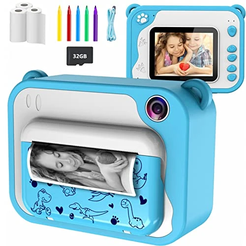 Appareil Photo Enfants à Impression Instantanée avec Papier d'impression, Caméra Jouet Numérique 1080P HD avec écran de 2,0 Pouces, Carte TF 32 Go, Cadeau pour Filles Garçons 3-12 Ans（Bleu）…