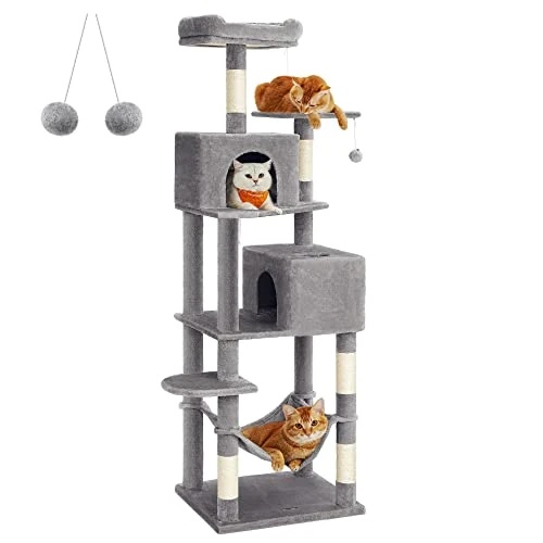 Offerta a tempo: Feandrea Albero per Gatti Alto 191 cm, Tiragraffi per Gatti con 5 Pali Graffiatoi, 2 Posatoi, 2 Grotte, Amaca, 2 Pompon, in Peluche a Più Livelli, Grigio Chiaro PCT191W01 - 20% da 66.99 € a 53.59 €