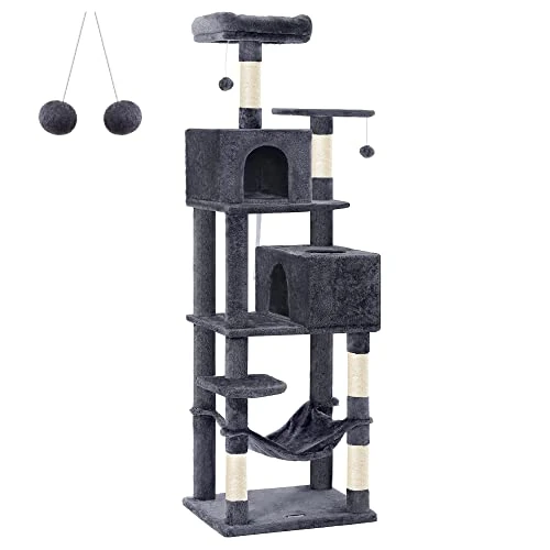 Feandrea Cat Scratching Post 191cm Tall Cat Tree with 5 Scratching Posts 2 Platforms 2 Cat Caves Hammock 2 Plush Balls Plush Multi Tier Design Smoke Grey PCT191G01