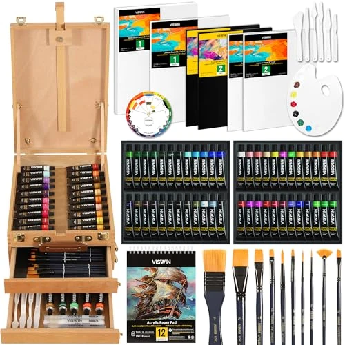 VISWIN Deluxe Acrylic Paint Kit with Tabletop Easel Box, 74 Pcs Painting Kit with 48 Acrylic Paint Set, Canvas, Brushes, Art Supplies for Adults, Artists, Beginners