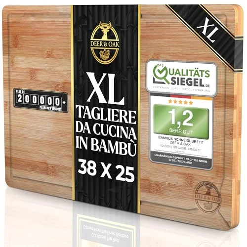 Offerta a tempo: Deer & Oak Tagliere da Cucina in Bambù Premium - 38 x 25 x 2 cm, PreOliato e Trattato, Tagliere da Cucina Resistente per Carne, Verdure e Pane, Design Naturale e Duraturo - 12% da 16.95 € a 14.95 €
