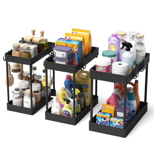 Offre limitee: Meltrck - Lot de 2 Rangement sous Évier - Organisateur sous Evier Tiroir Coulissant à Extraction - Rangement Et Organisation De Cuisine (Noir, Lot de 3) de 28.99 EUR a 23.08 EUR (economie 20%)