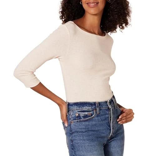 Zeitlich begrenztes Angebot: Amazon Essentials Damen Bateau-Ausschnitt T-Shirt mit 3/4-Ärmeln, Schmale Passform, Haferbeige Meliert, XXL von 12.70 € auf 12.70 € (0.00% Rabatt)