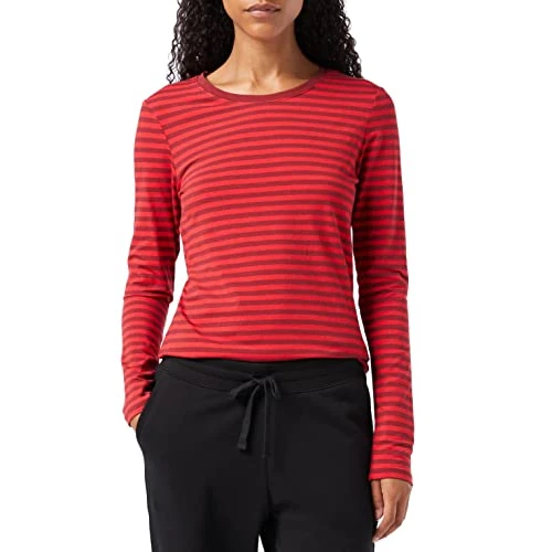 Amazon Essentials Camiseta de Cuello Redondo y Manga Larga de Corte Estándar (Disponible en Tallas Grandes) Mujer, Burdeos Rojo Rayas, M