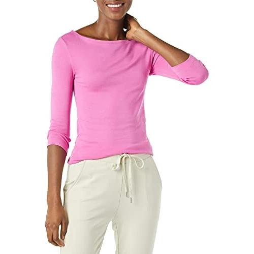 Zeitlich begrenztes Angebot: Amazon Essentials Damen Bateau-Ausschnitt T-Shirt mit 3/4-Ärmeln, Schmale Passform, Kräftiges Rosa, S von 12.70 € auf 11.56 € (9% Rabatt)