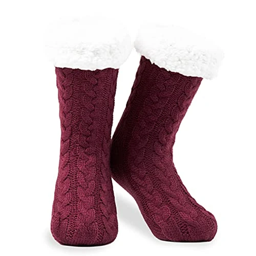 CityComfort Chaussettes Antidérapantes Femme Hiver Chaussettes Chaussons Femme et Ado Épaisse et Moelleuse Idée Cadeau pour Elle (Bordeaux)