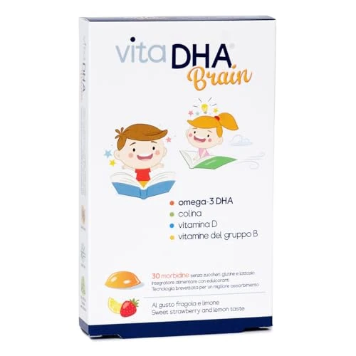 VitaDHA Brain Omega 3 Niños 3+ Años IFOS Certificado (30 Jelly) - Sin Sabor de Aceite de Pescado y Sin Azúcar - Omega-3 con Vitamina D3 y B - Sabor Fresa y Limón