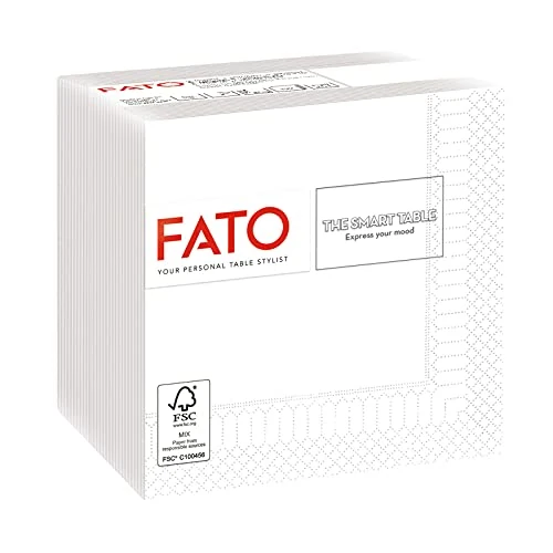 Offerta a tempo: Fato, Tovaglioli di Carta Monouso, Ideali per Aperitivo e Cocktail, Confezione da 100 tovaglioli, Formato 24x24 Piegati in 4, 2 veli, Colore Bianco, Carta 100% Pura Cellulosa, Certificata FSC - 43% da 3.88 € a 2.21 €