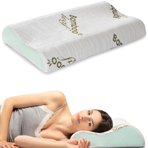 Offerta a tempo: Flowen Cuscino Cervicale Memory Foam per Dormire Ortopedico Aloe Vera Guanciale a Doppia Onda Ideale per Supporto al Collo Ergonomico Traspirante Antirussamento Anallergico Federa Bamboo Lavabile - 34% da 49.99 € a 32.99 €