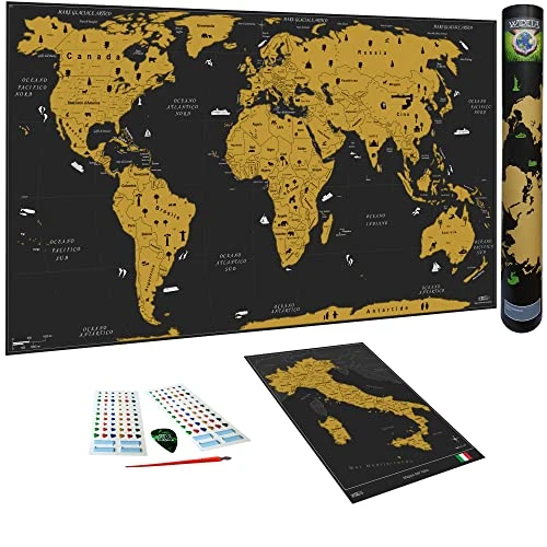 WIDETA Mapa del mundo para rascar en italiano, XXL (82 x 43 cm) / Papel estucado extra gastado 300 g/m² y laminado con película protectora/Bonus Mapa de Italia y accesorios