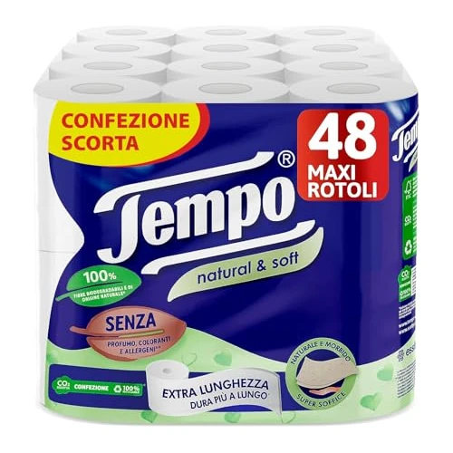 Tempo, Toilettenpapier Natural & Soft, weich und strapazierfähig, 48 Maxi-Rollen, bestehend aus 100% biologisch abbaubaren Fasern, ohne Parfüm oder Allergene