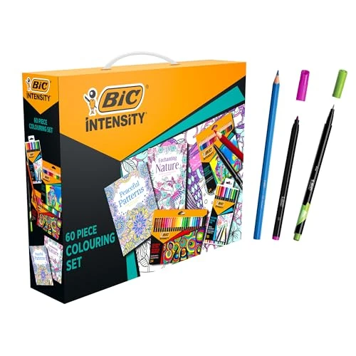 BIC Intensity - Juego de 60 colores para adultos con puntas de fieltro, forros finos, lápices para colorear y 2 libros para colorear