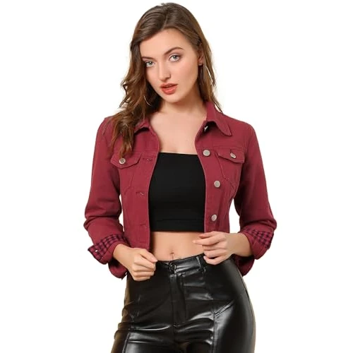 Offerta a tempo: Allegra K Giacca da donna slim fit button down maniche lunghe casual ritagliata denim jeans giacca, Rosso vinaccia, L - 0.00% da 62.82 € a 62.82 €