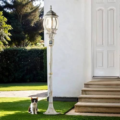 Licht-Erlebnisse Lampada da esterno con sensore di movimento in alluminio e vetro bianco-oro IP44 giardino 123,5 cm di altezza E27 Lanterna rustica lampada da esterno BREST