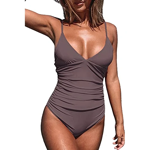 Offre limitée : CUPSHE Maillot de Bain Une pièce pour Femme Col en V Profond Bretelles Spaghetti réglables Maillot de Bain froncé Devant Bas du Dos Café Braun M de 35.99 € à 30.59 € (15% de remise)