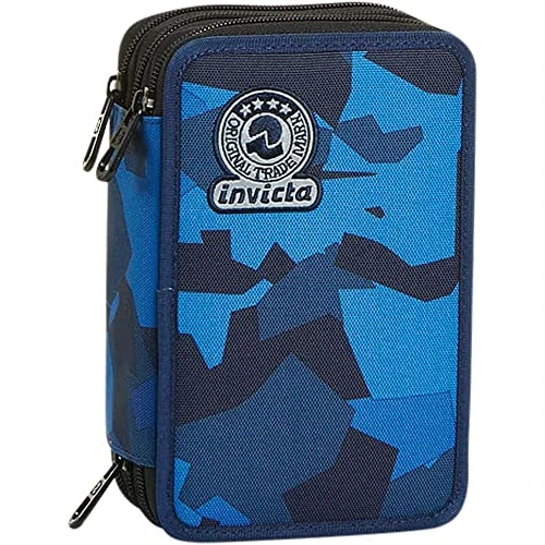 Invicta pennenetui met 3 vakken, camo vierkant, blauw, compleet met potloden, pennen, stiften, basis- en middelbare school