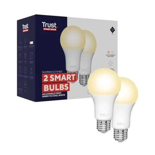 Offerta a tempo: Trust WiFi E27 Lampadina Smart Dimmerabile, Compatibile con Alexa e Google Nest, Lampadina LED E27, Hub non Necessario, 2.4GHz Lampada WiFi, Luce LED Bianca, Luce Fredda e Calda - 2 Pezzi - 50% da 25.99 € a 12.99 €