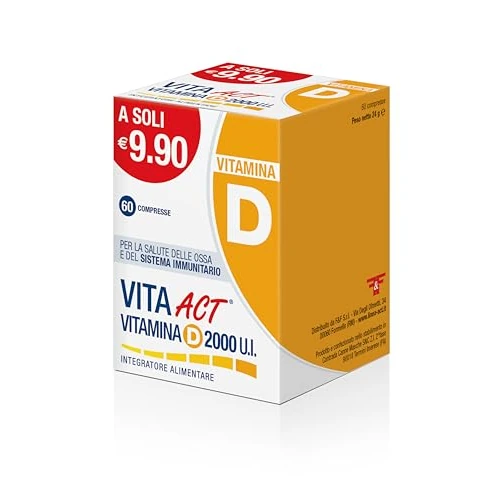 Offerta a tempo: Vitamina D Act 2000 U.I., Integratore Alimentare in Compresse, a base di Vitamina D, 1 Confezione da 60 Compresse - 35% da 9.90 € a 6.41 €